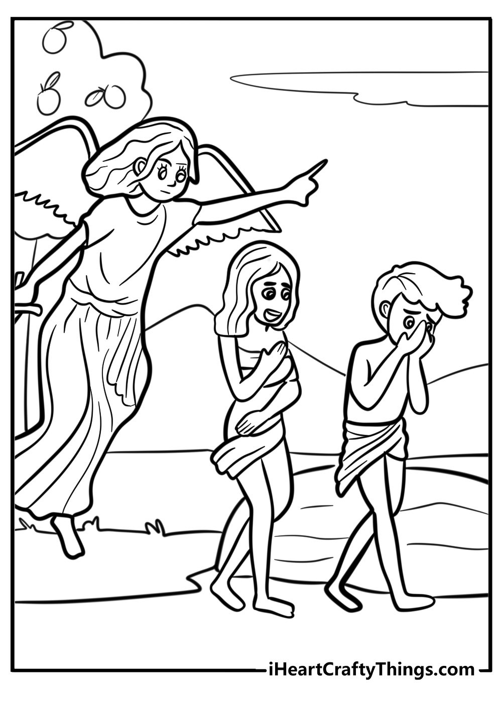 Angel expelling adam and eve from eden printable coloring page