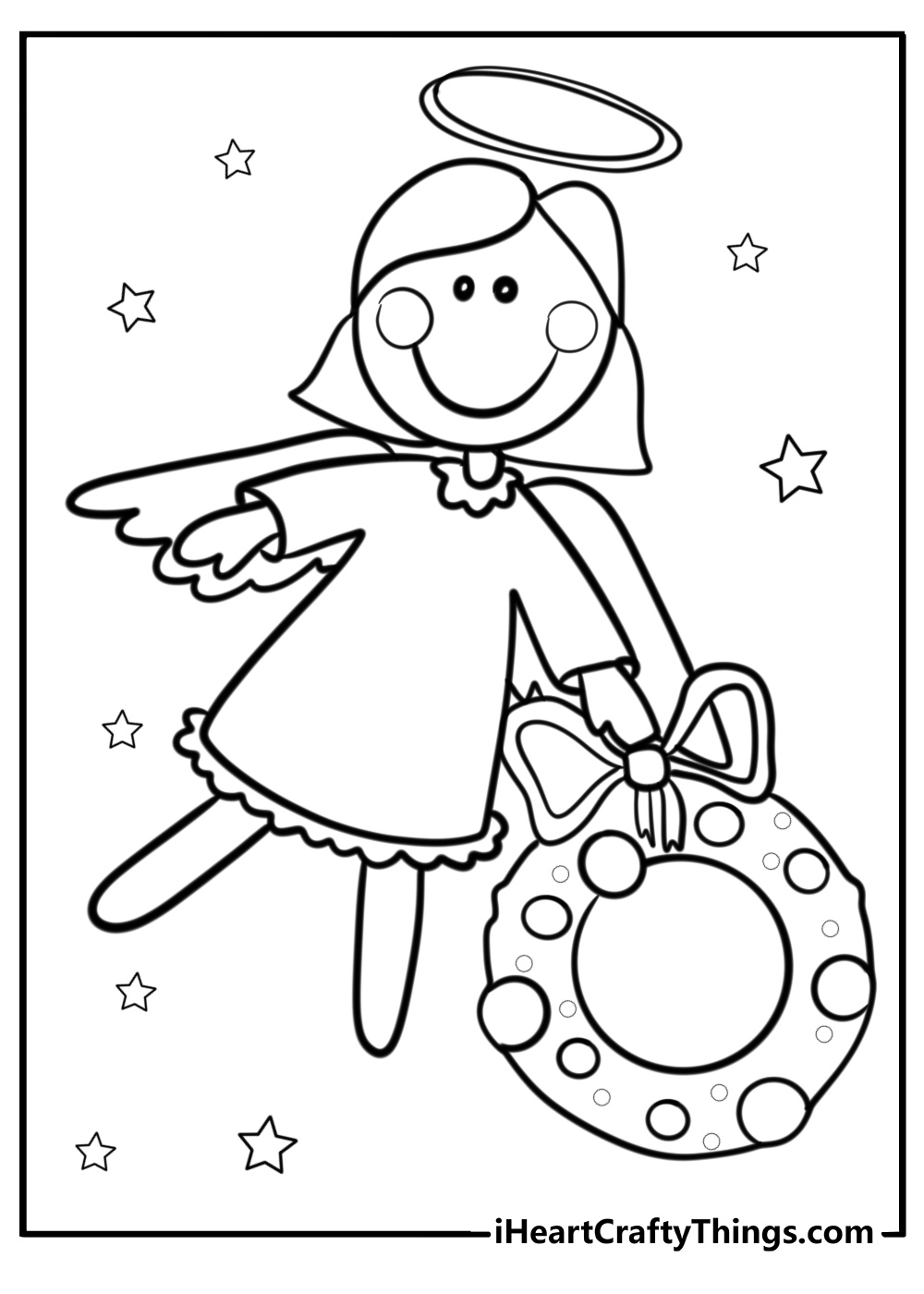 Angel with a christmas wreath free printable coloring page