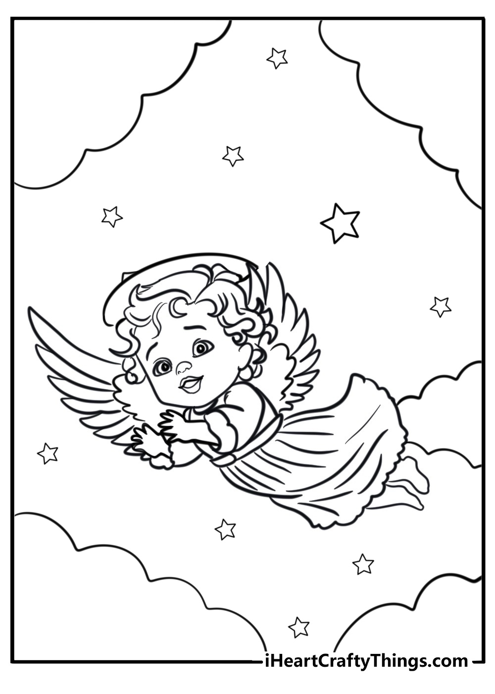 Angel with a star in the night sky coloring page for kids