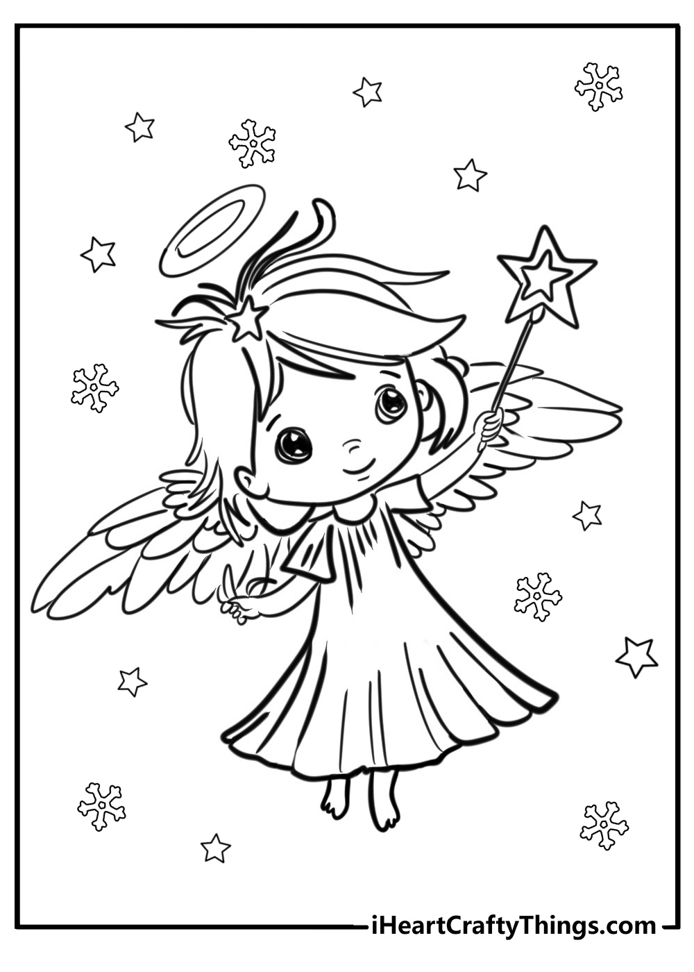 Angel with snowflakes and stars printable coloring page