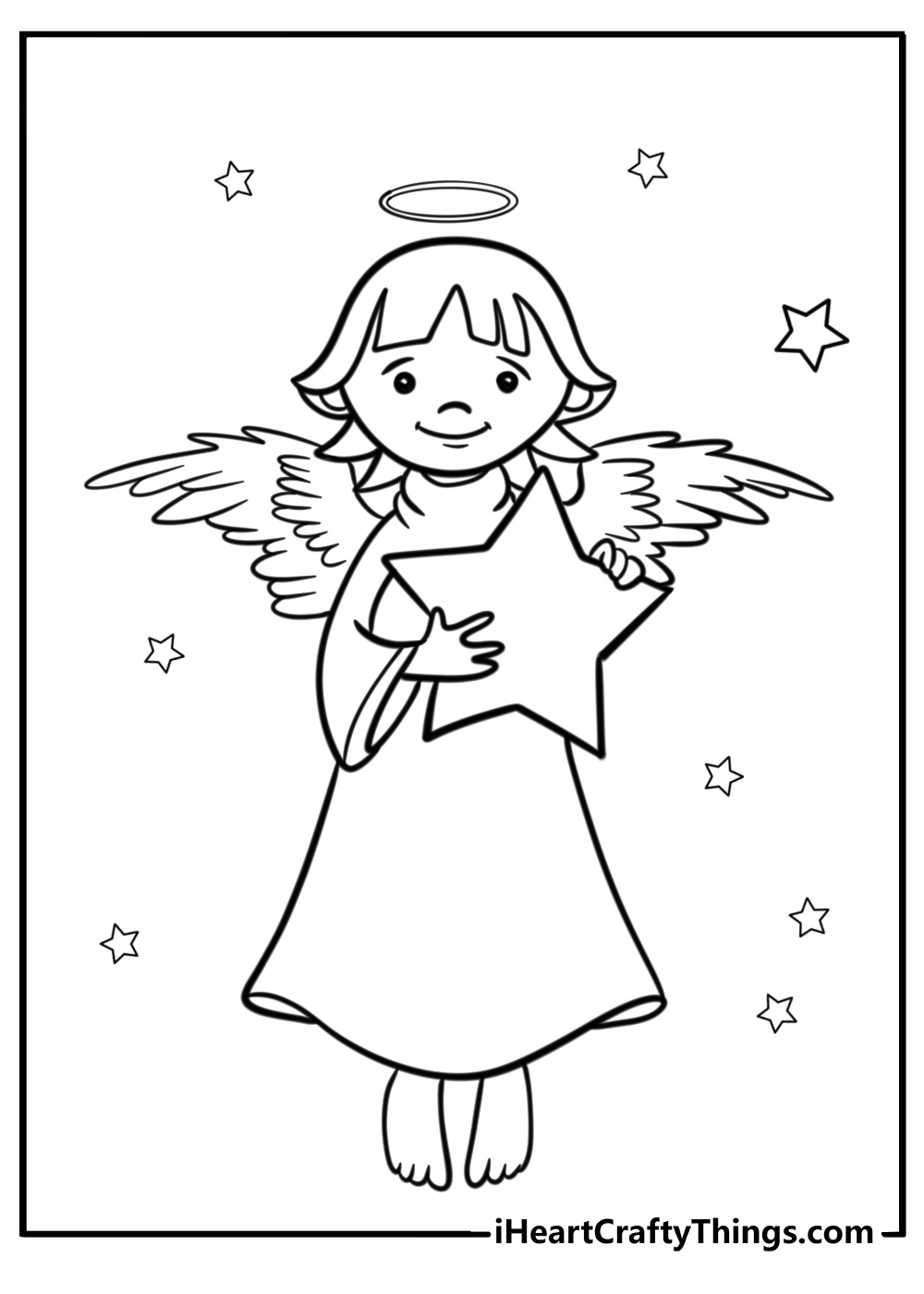 Angel with wings and christmas star free coloring page pdf