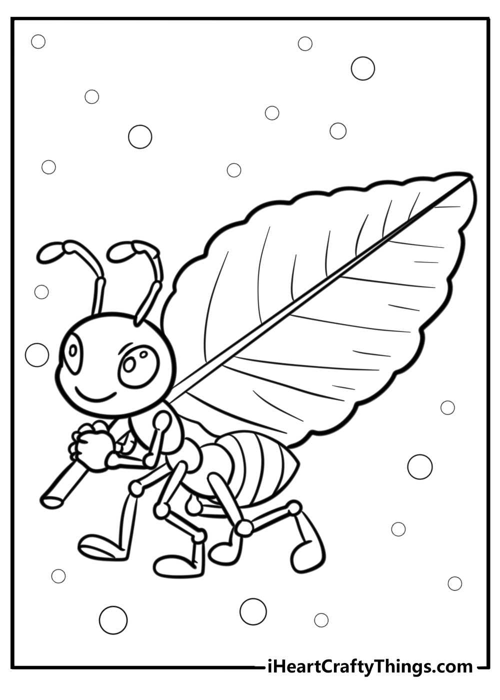 Ant carrying a leaf coloring page for kids