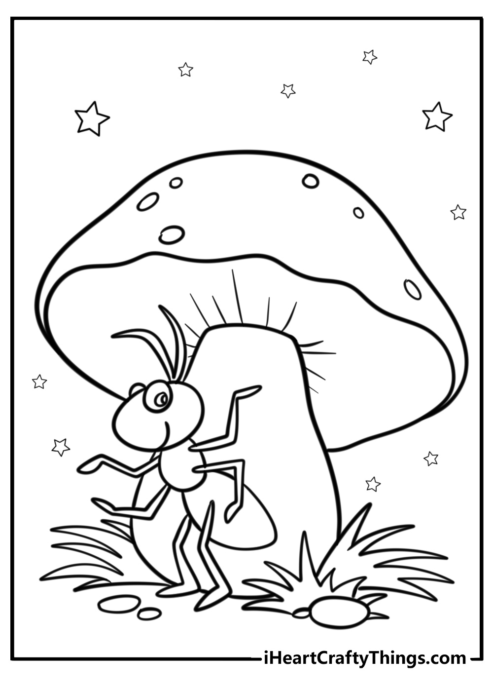 Ant under a mushroom free printable coloring page