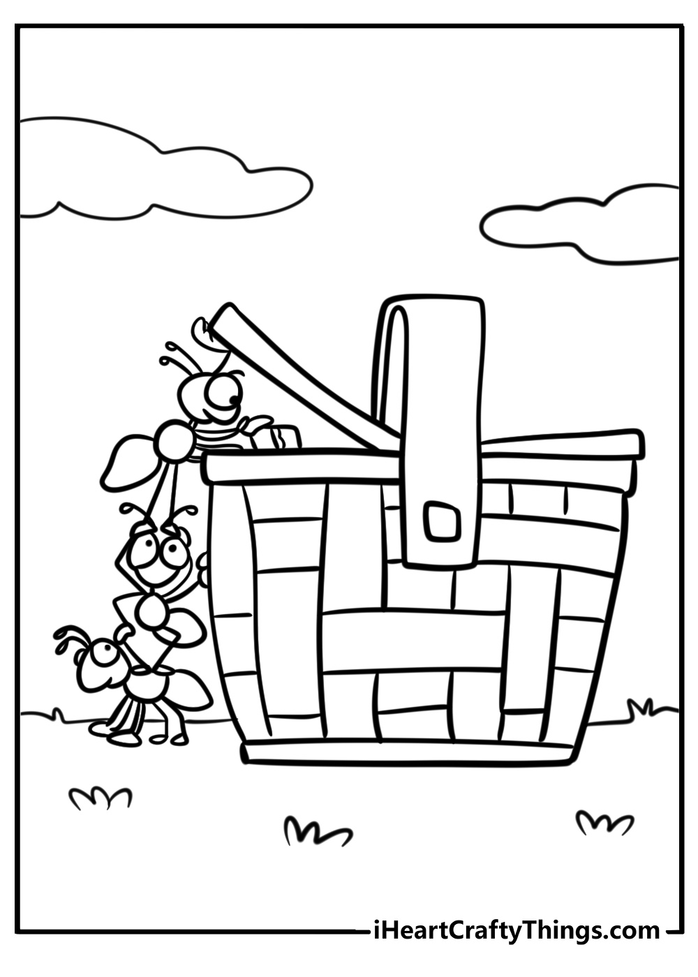 Ant with a picnic basket fun coloring sheet