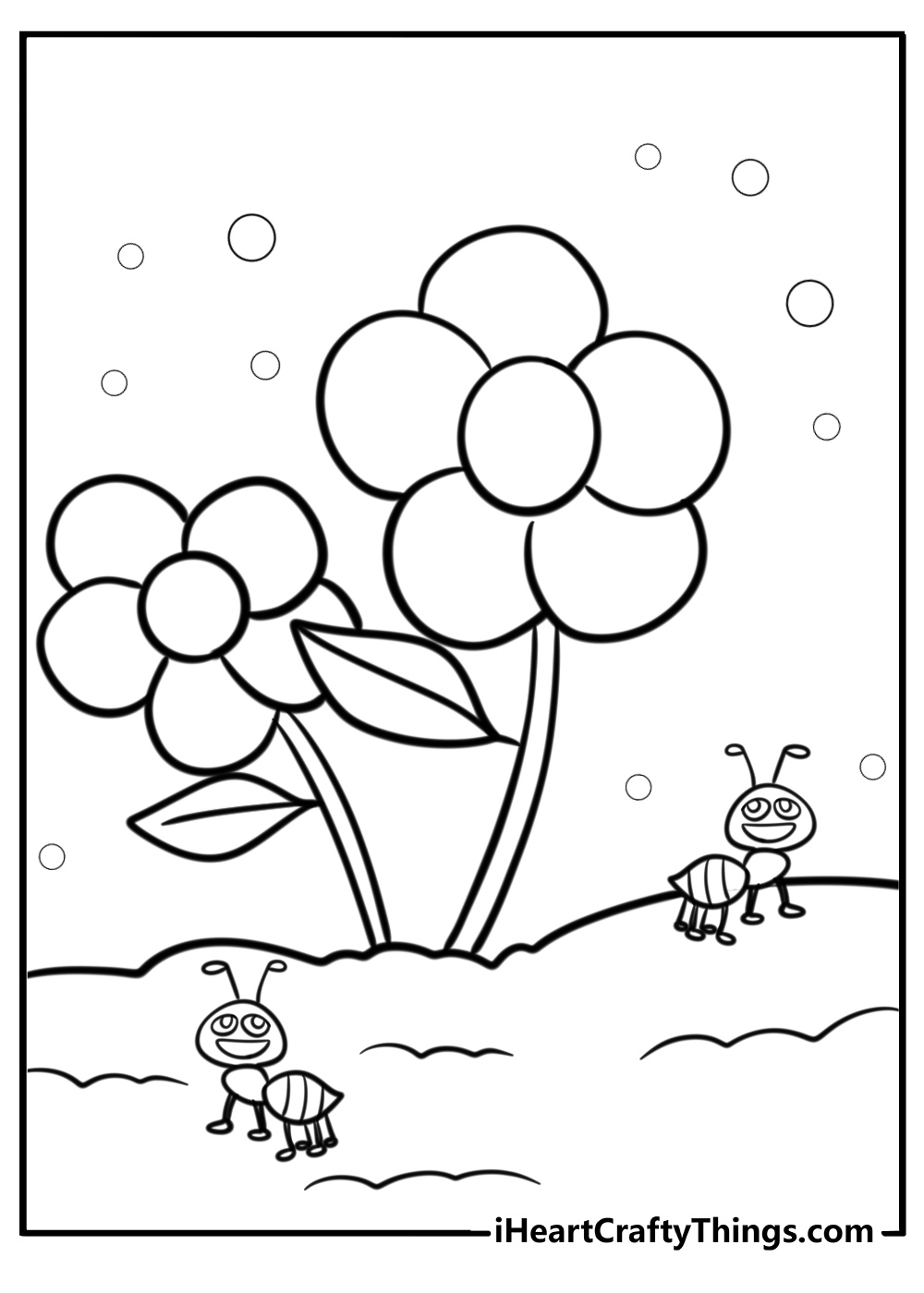 Ant with flowers around it printable coloring page