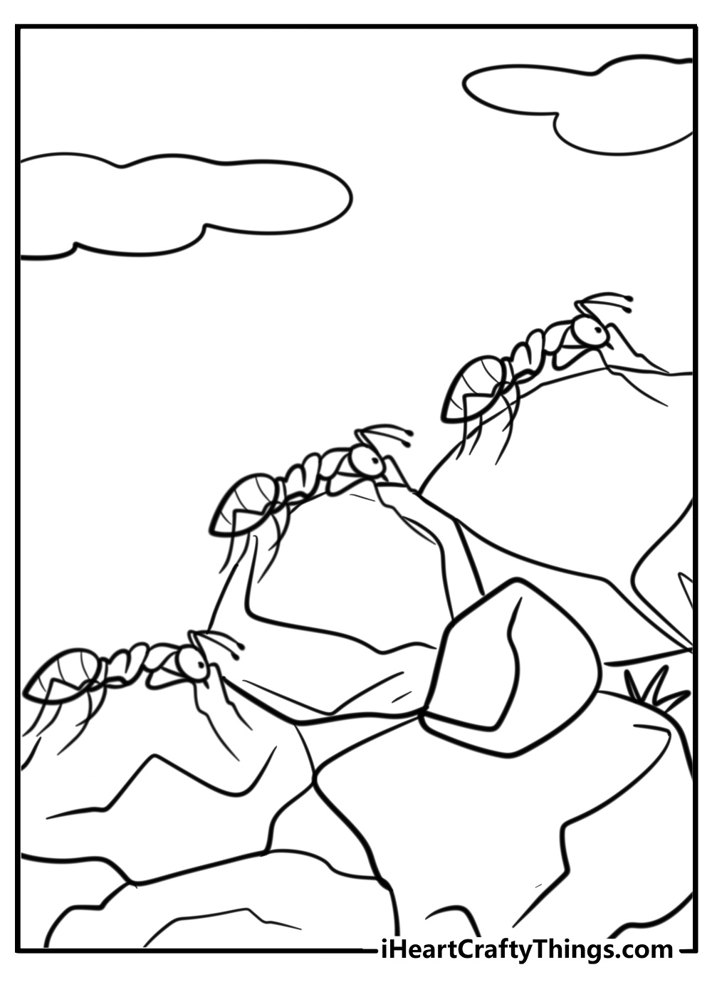 Ants climbing up a hill printable coloring page