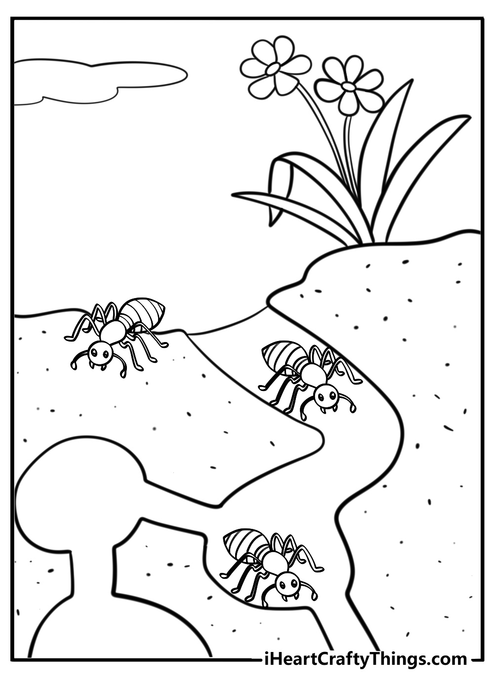 Ants in an anthill with tunnels detailed coloring sheet