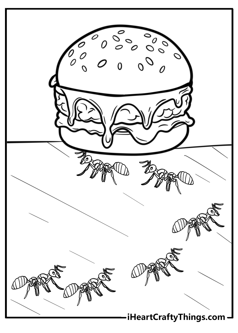 Ants marching toward food coloring page for kids