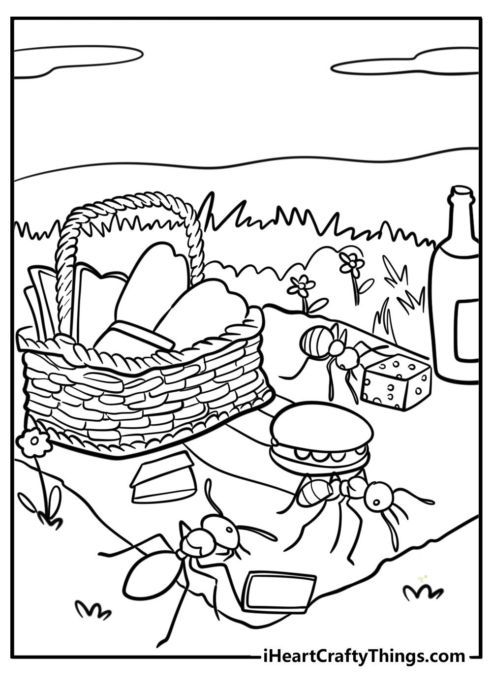 Ants near a picnic blanket free coloring page pdf