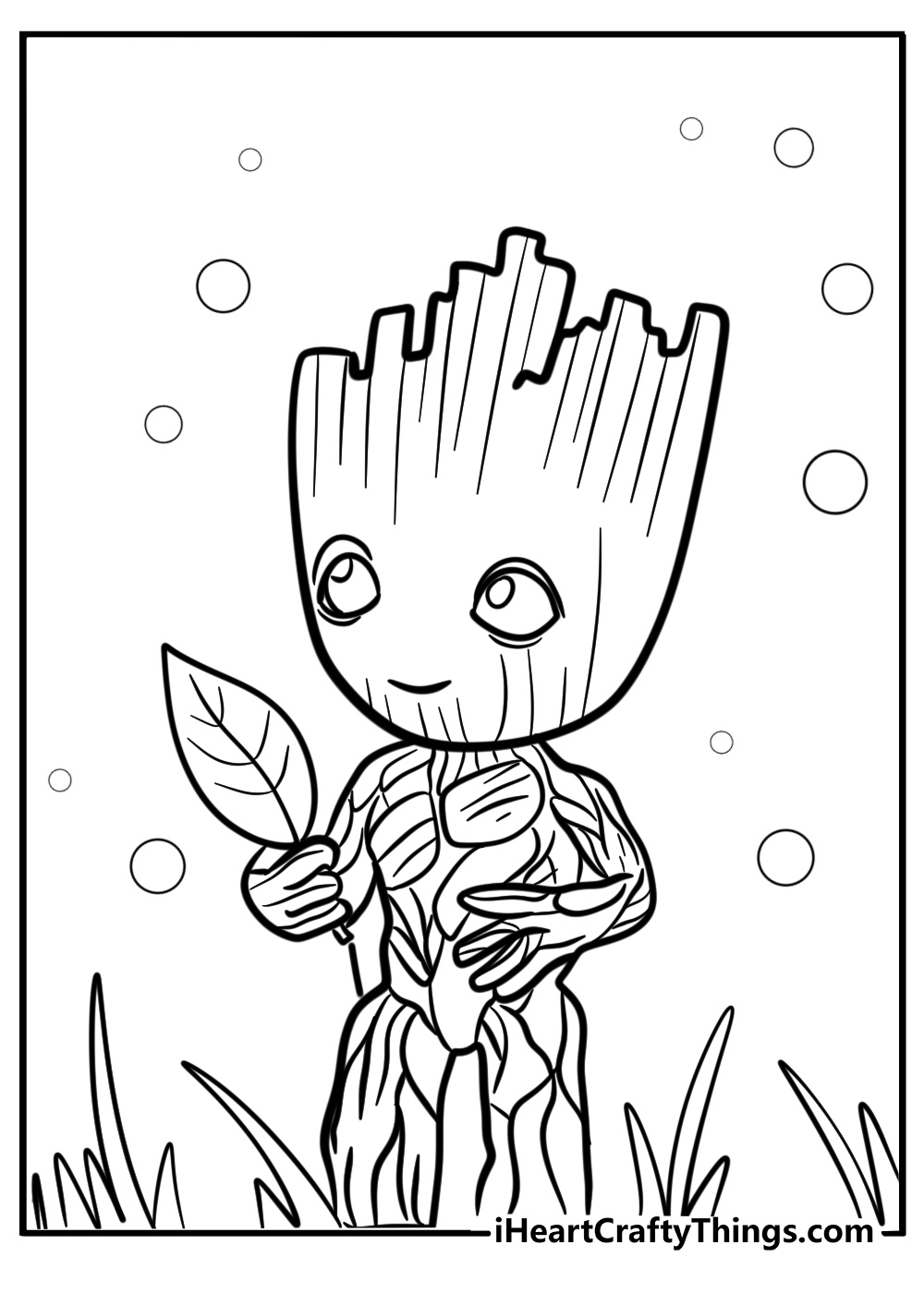 Baby groot holding a leaf detailed coloring page for kids