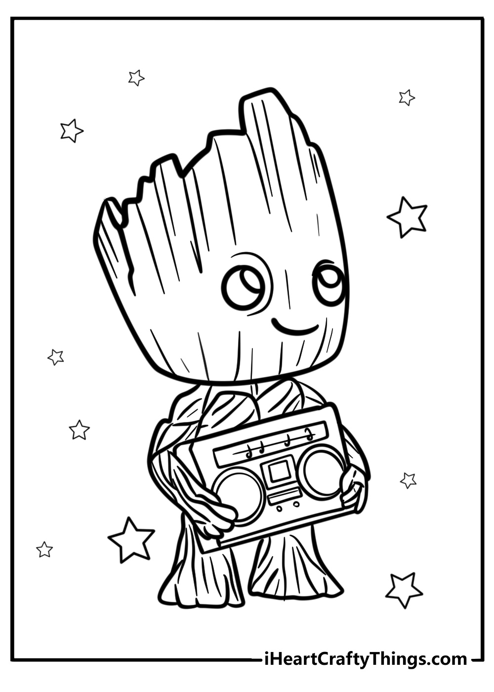 Baby groot holding a music player fun coloring page pdf