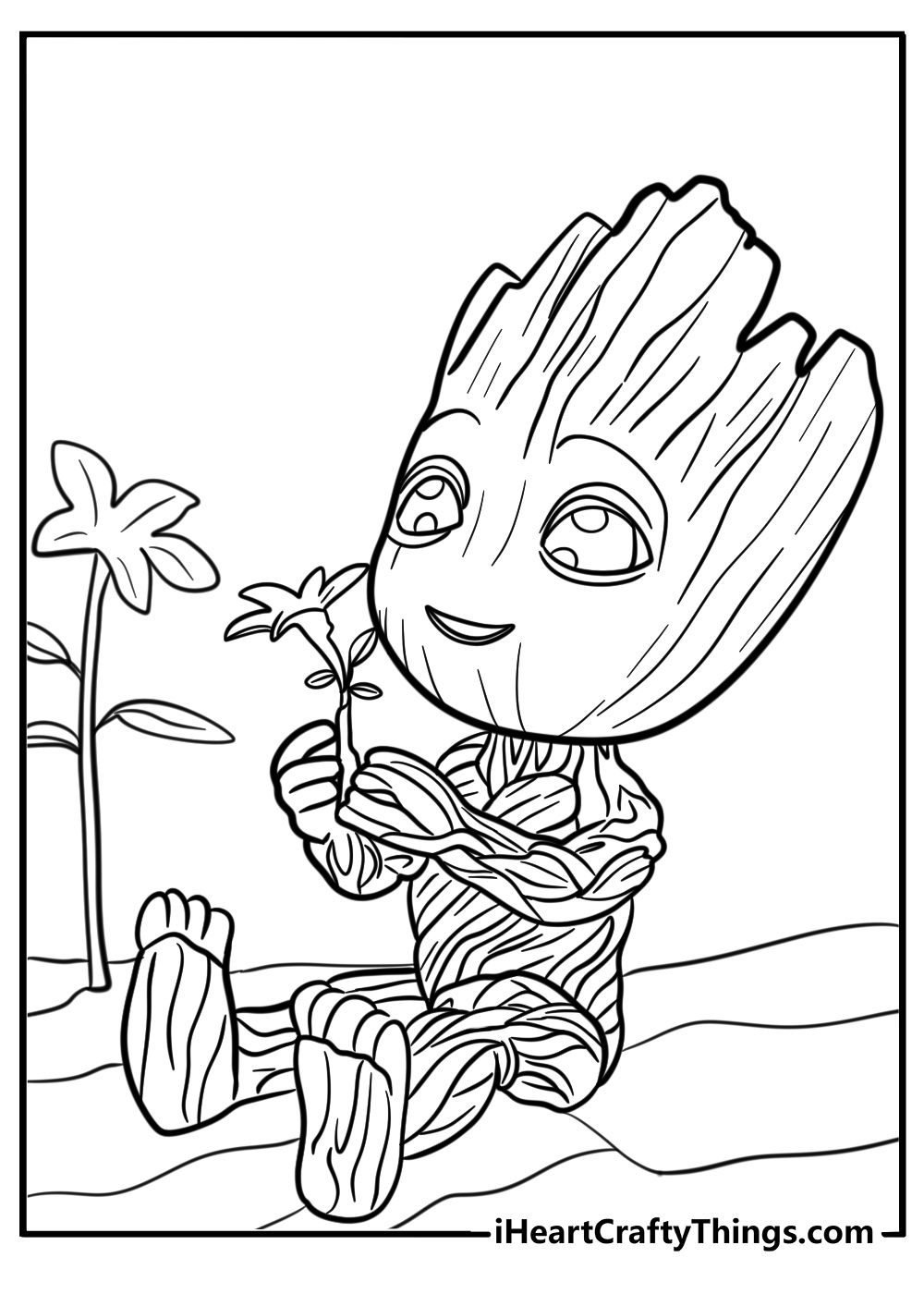 Baby groot sitting with flowers free detailed coloring sheet