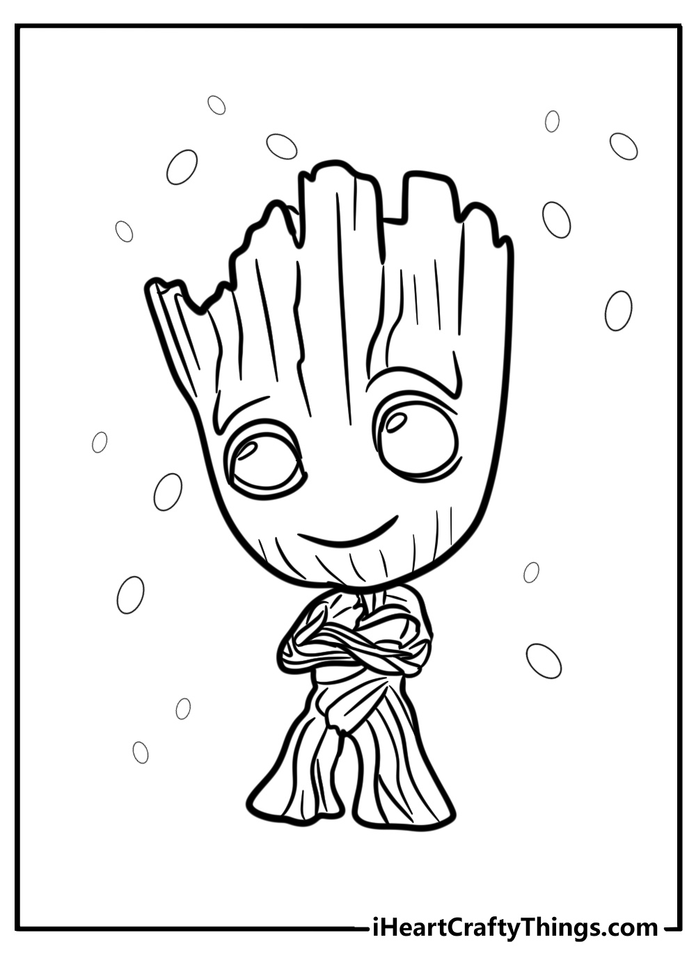 Baby groot with a joyful expression detailed coloring sheet