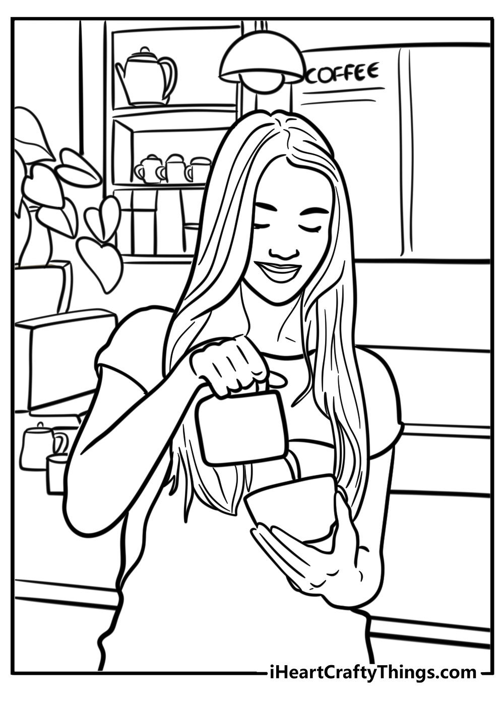 Barista making coffee at a shop coloring page