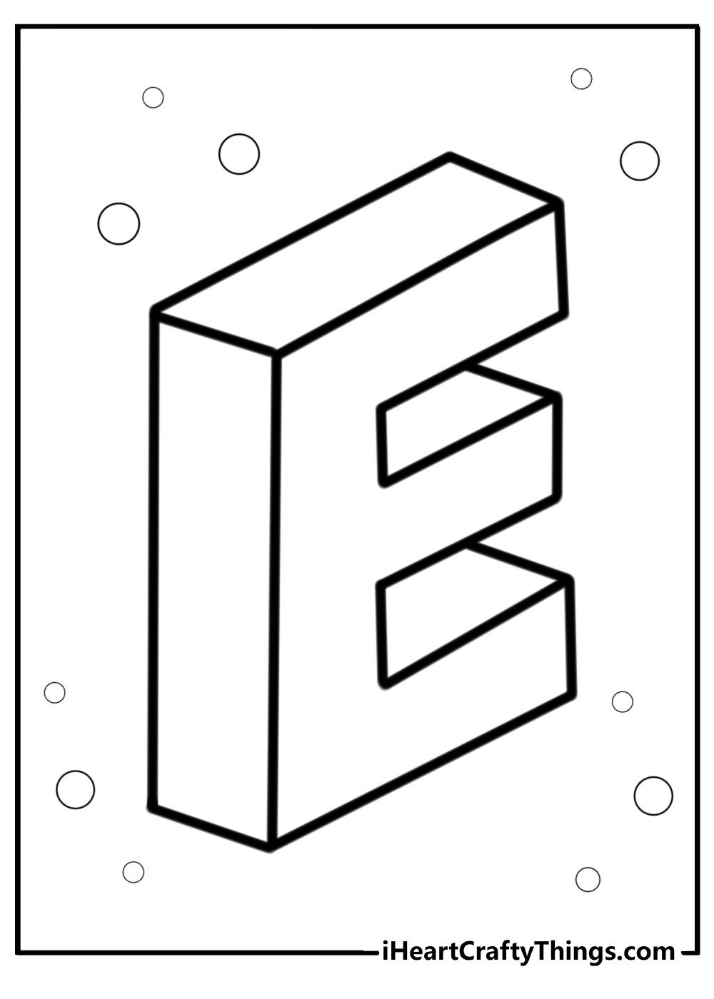 Bold letter e with geometric shapes printable coloring page