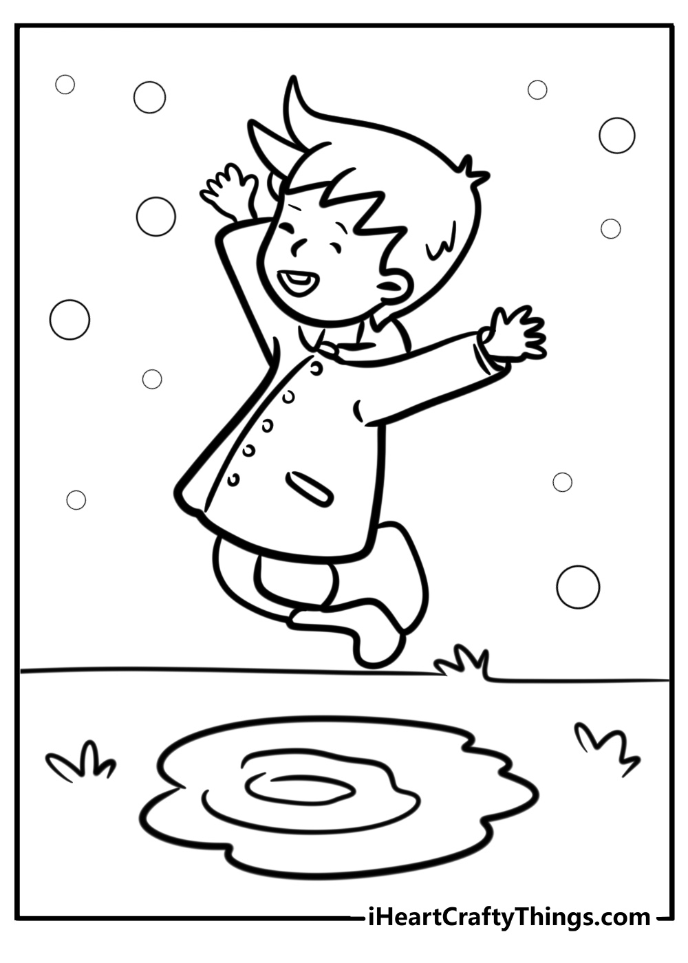 Boy jumping into a puddle fun coloring sheet for kids