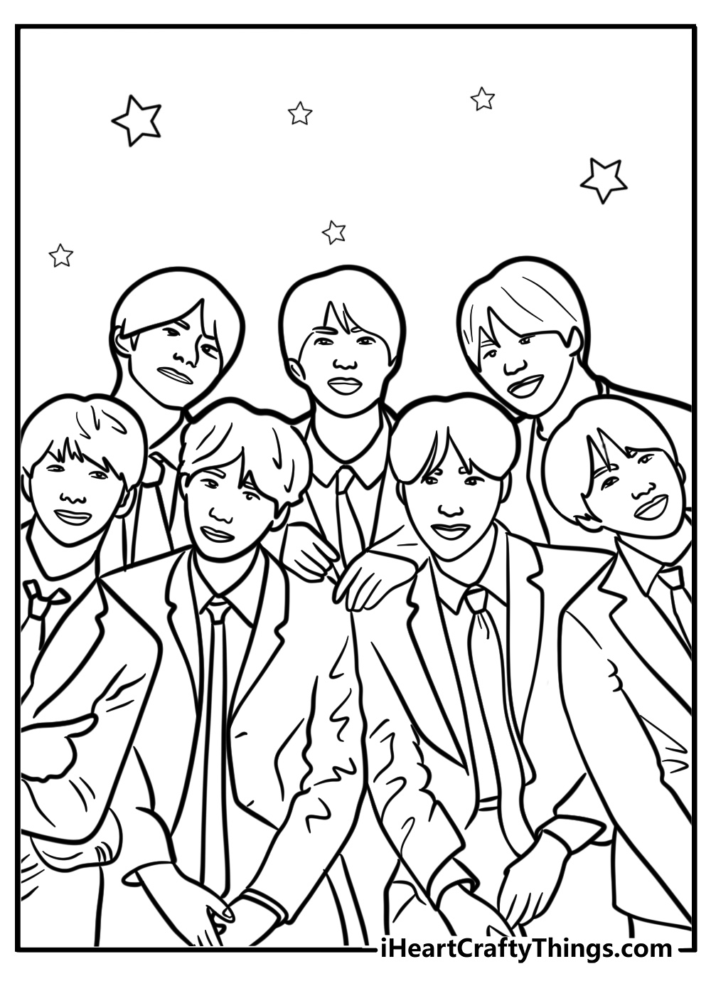 Bts group members smiling together coloring page for kids