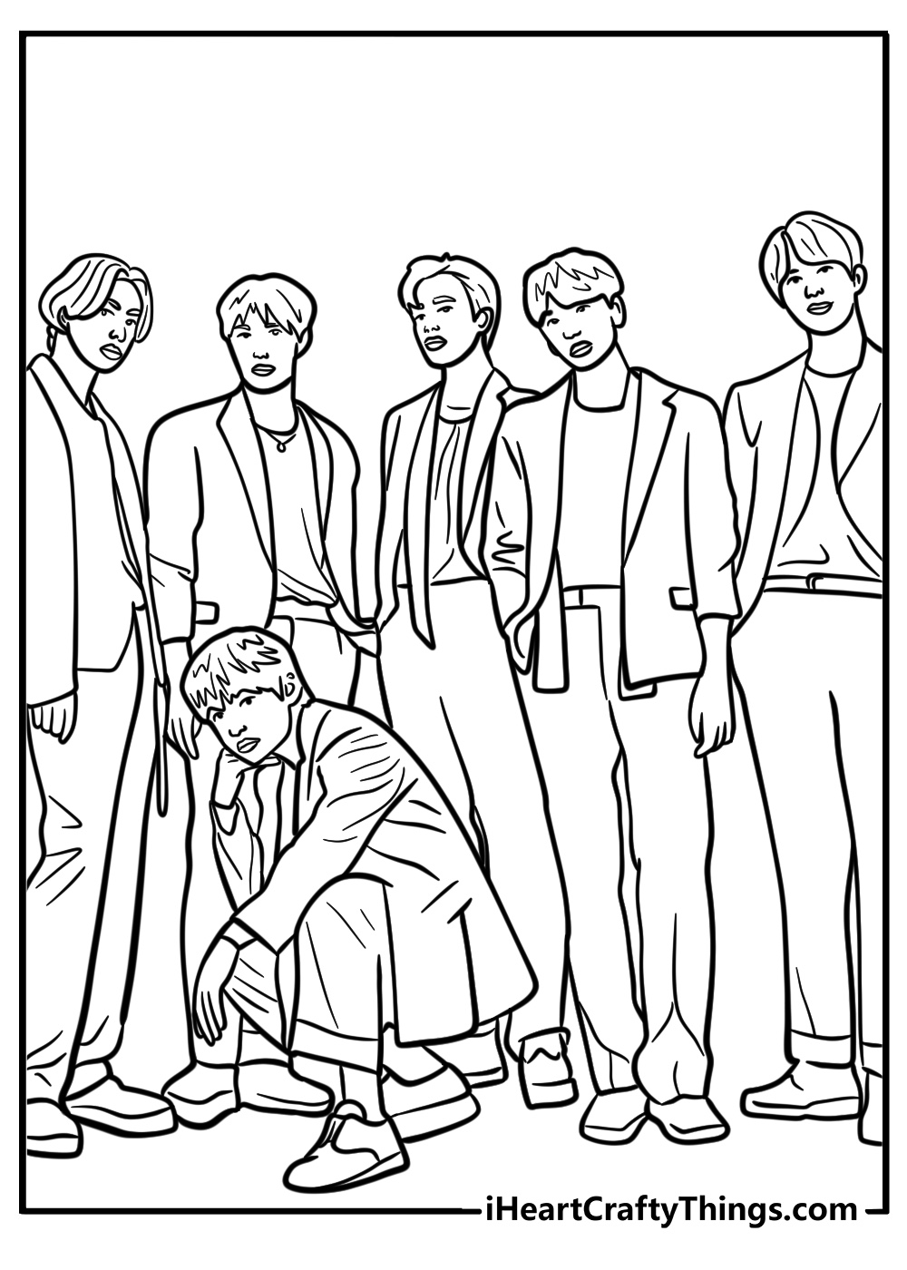 BTS in a dynamic dance pose detailed coloring sheet