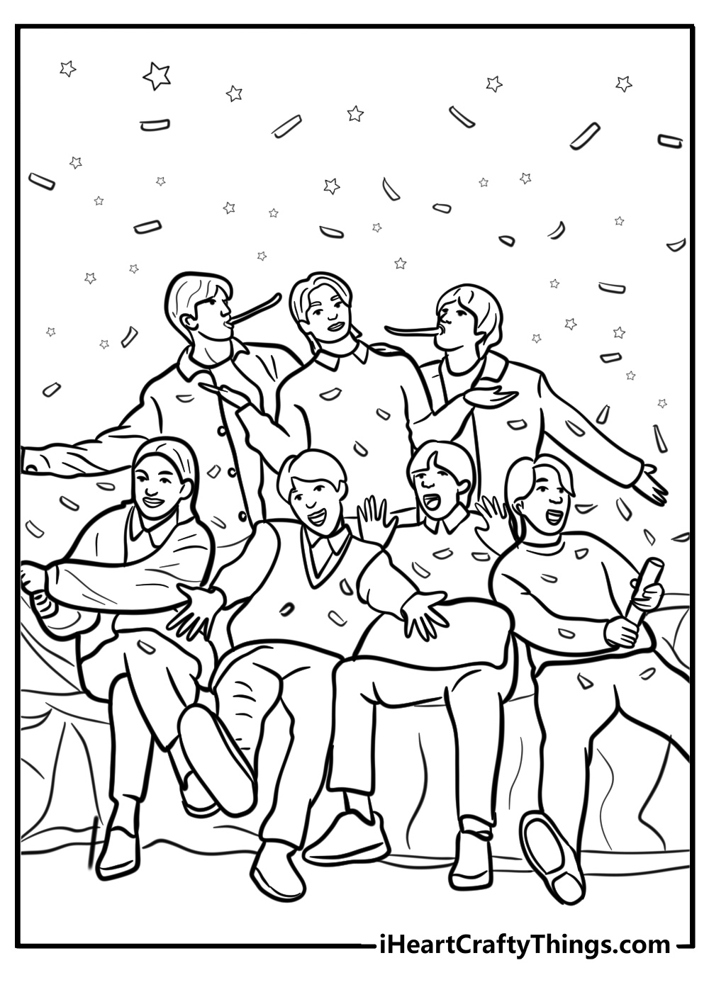 BTS members celebrating with confetti fun coloring sheet