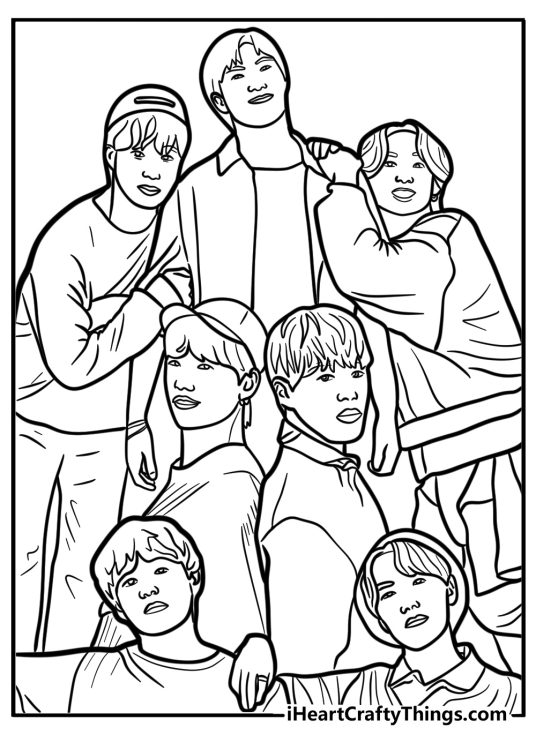 BTS members in casual outfits detailed coloring sheet