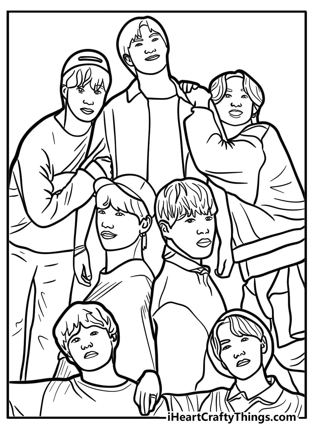 BTS members in casual outfits detailed coloring sheet