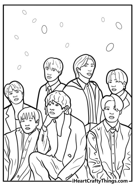 BTS members posing for a photoshoot free printable coloring page