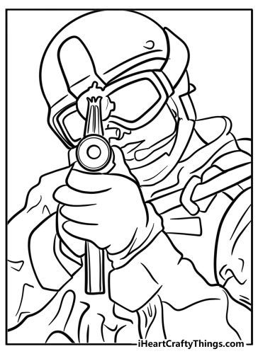 Call of duty soldier aiming weapon coloring page for kids