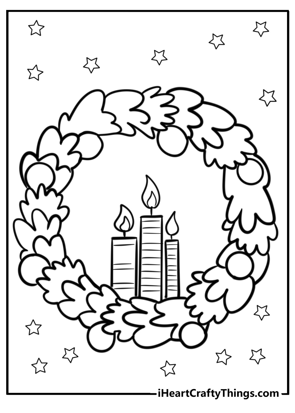 Candle in a festive wreath coloring page for kids