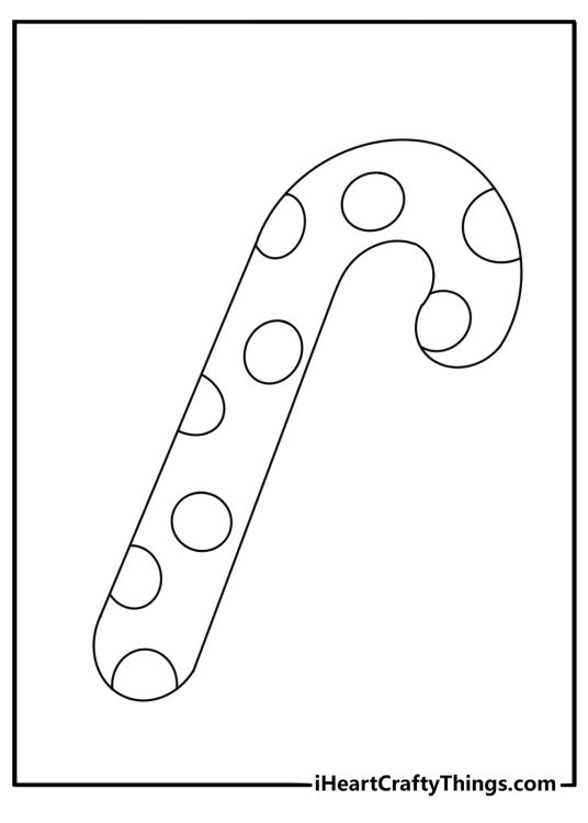 candy cane coloring page featuring a large peppermint hook with polka dot stripes