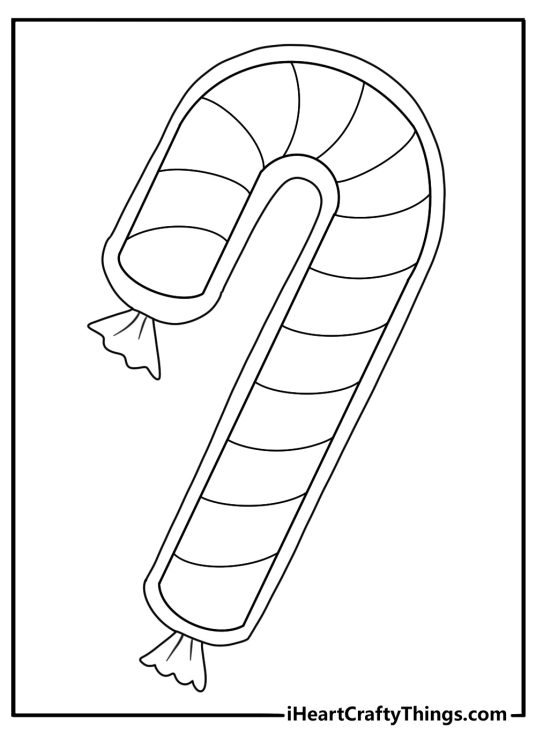 candy cane coloring page showing a striped candy cane inside a clear wrapper