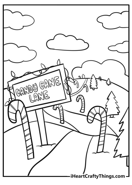 Christmas-inspired picture for kids presenting Candy Cane Lane sign and lots of candy canes on the hills