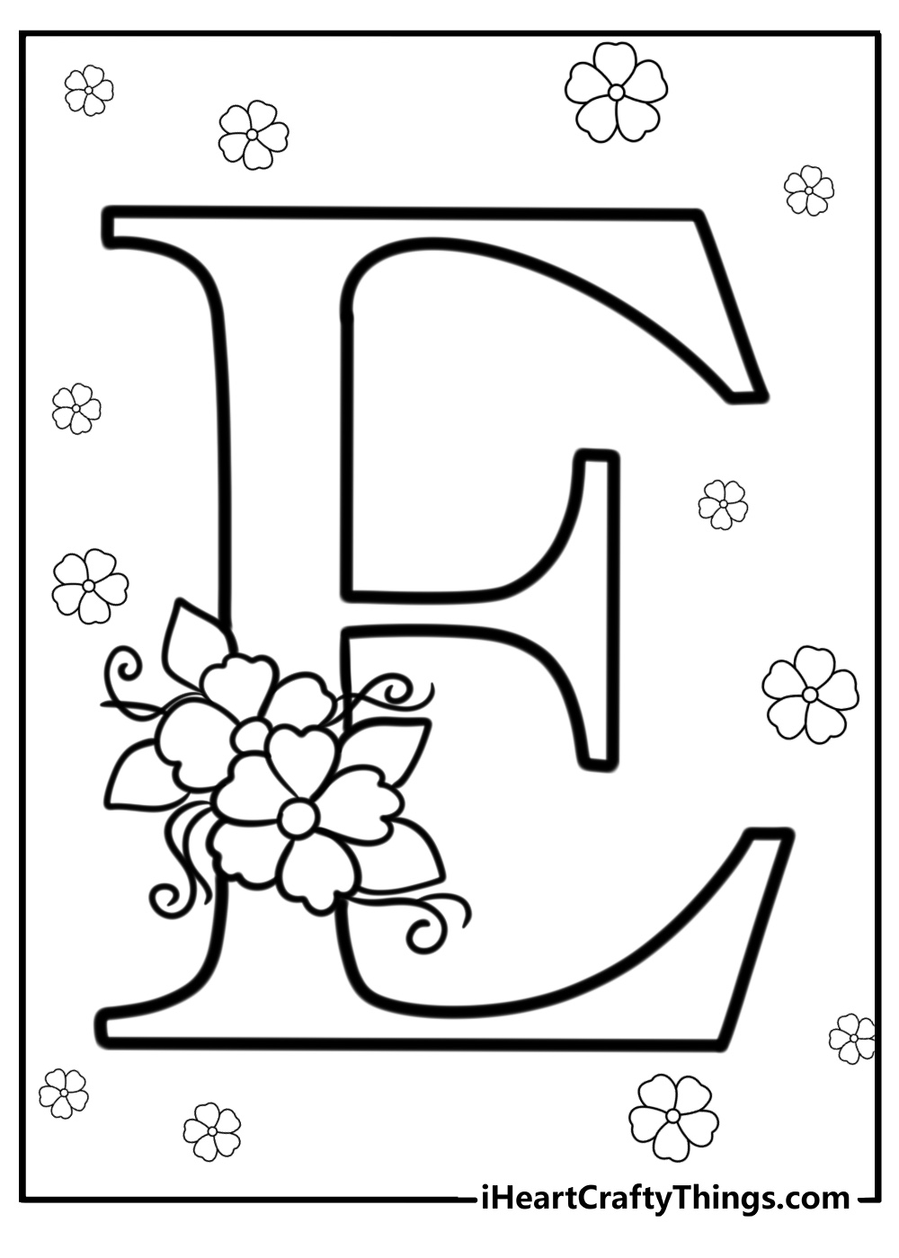 Capital letter e with flowers coloring page