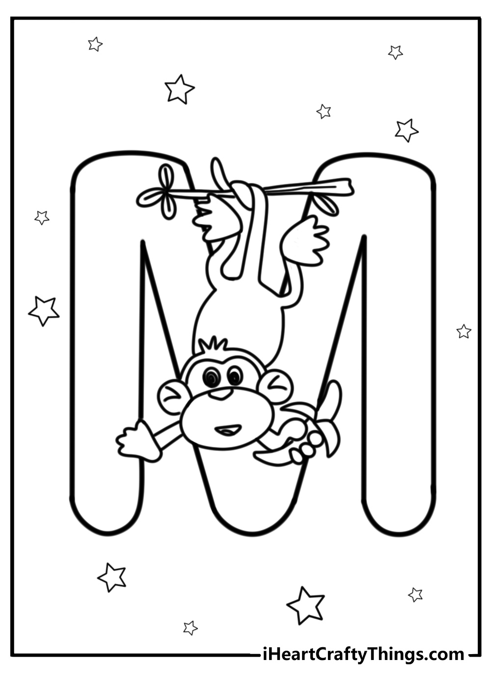 Cartoon animals around the letter m free coloring page pdf