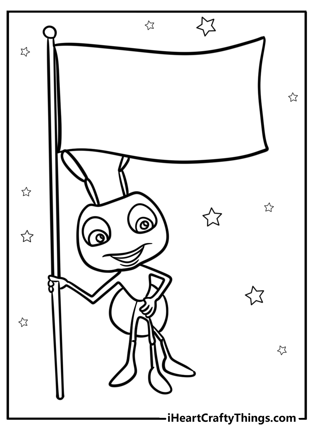 Cartoon ant holding a flag free coloring page pdf