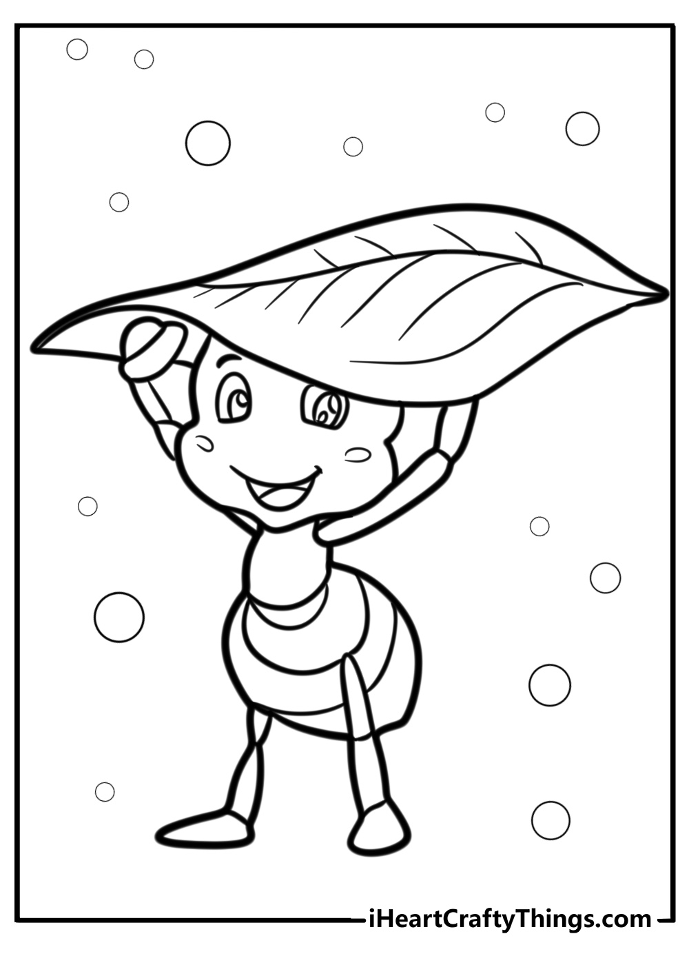 Cartoon ant with a leaf hat fun printable coloring sheet