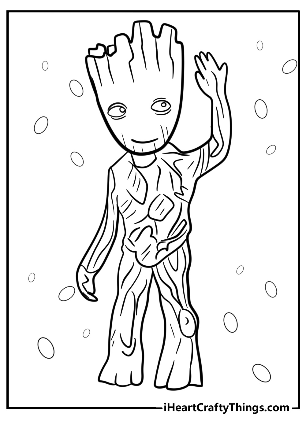 Cartoon baby groot smiling and waving coloring page