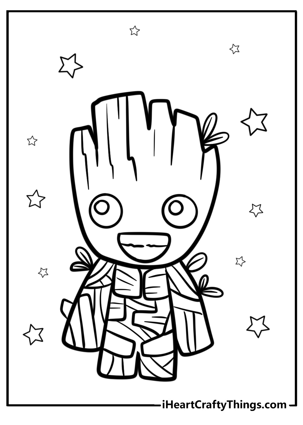 Cartoon baby groot with a big grin fun coloring sheet