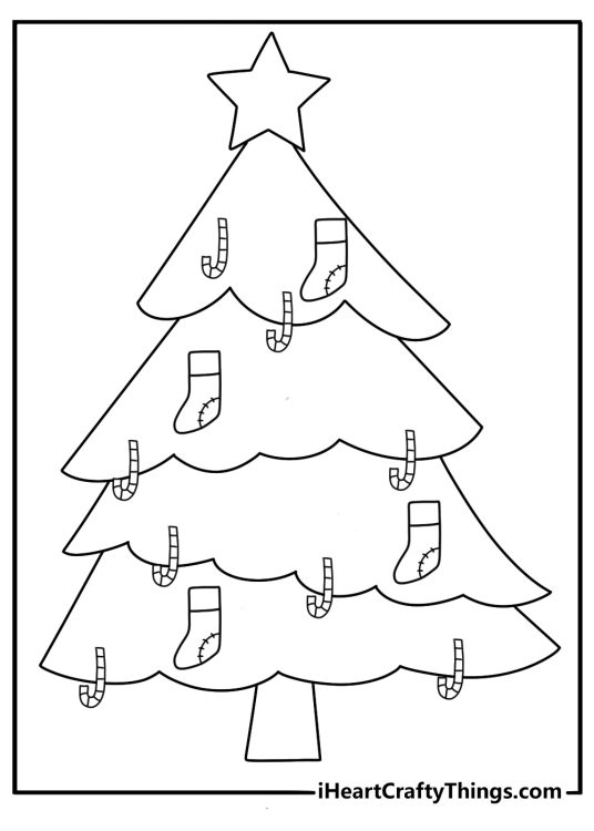 cartoon christmas tree with candy canes snowflakes and stockings coloring page for kids
