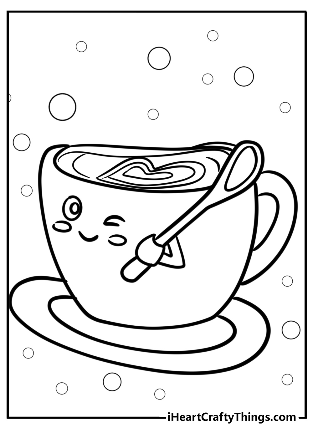 Cartoon coffee cup holding a spoon fun coloring sheet