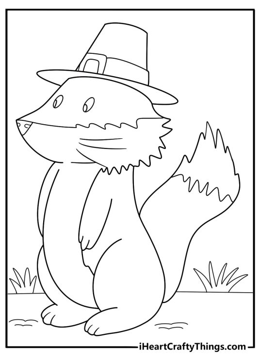 cartoon fox with pilgrim hat thanksgiving coloring page for kids