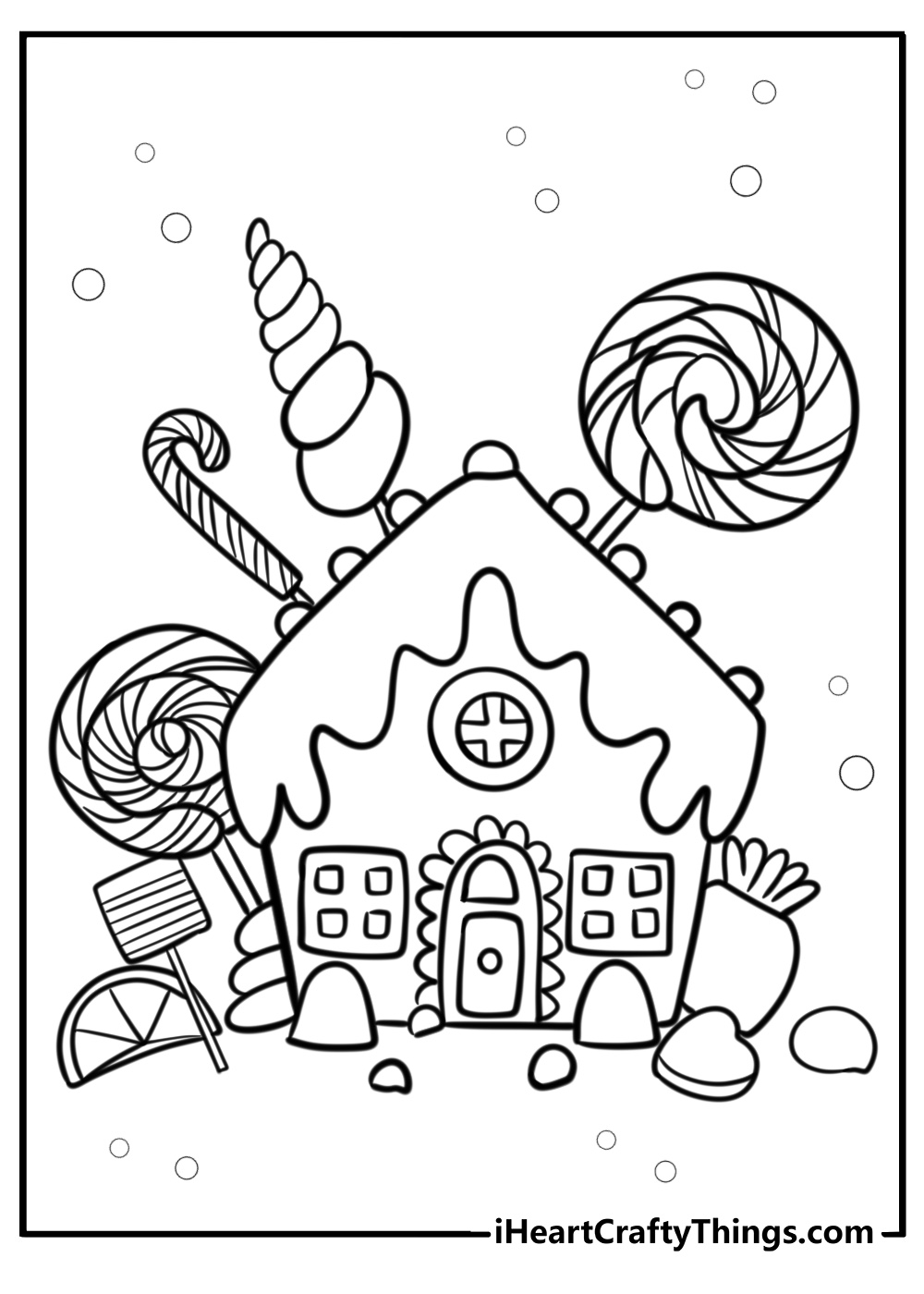 Cartoon gingerbread house with lollipops free coloring page pdf