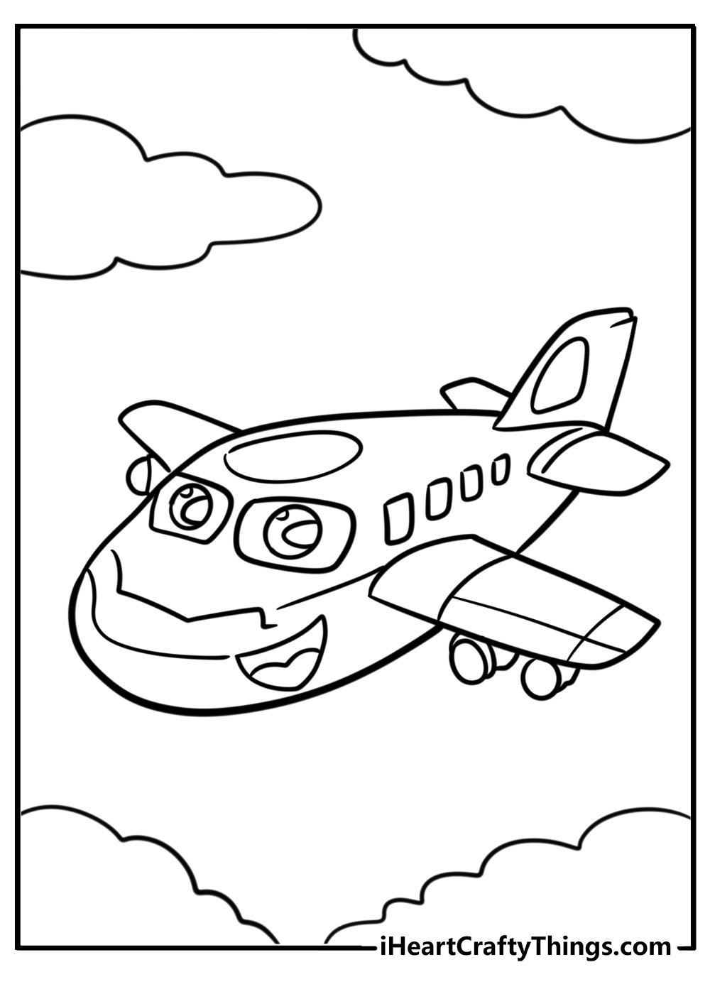 Cartoon jet with big smiling face fun printable coloring sheet