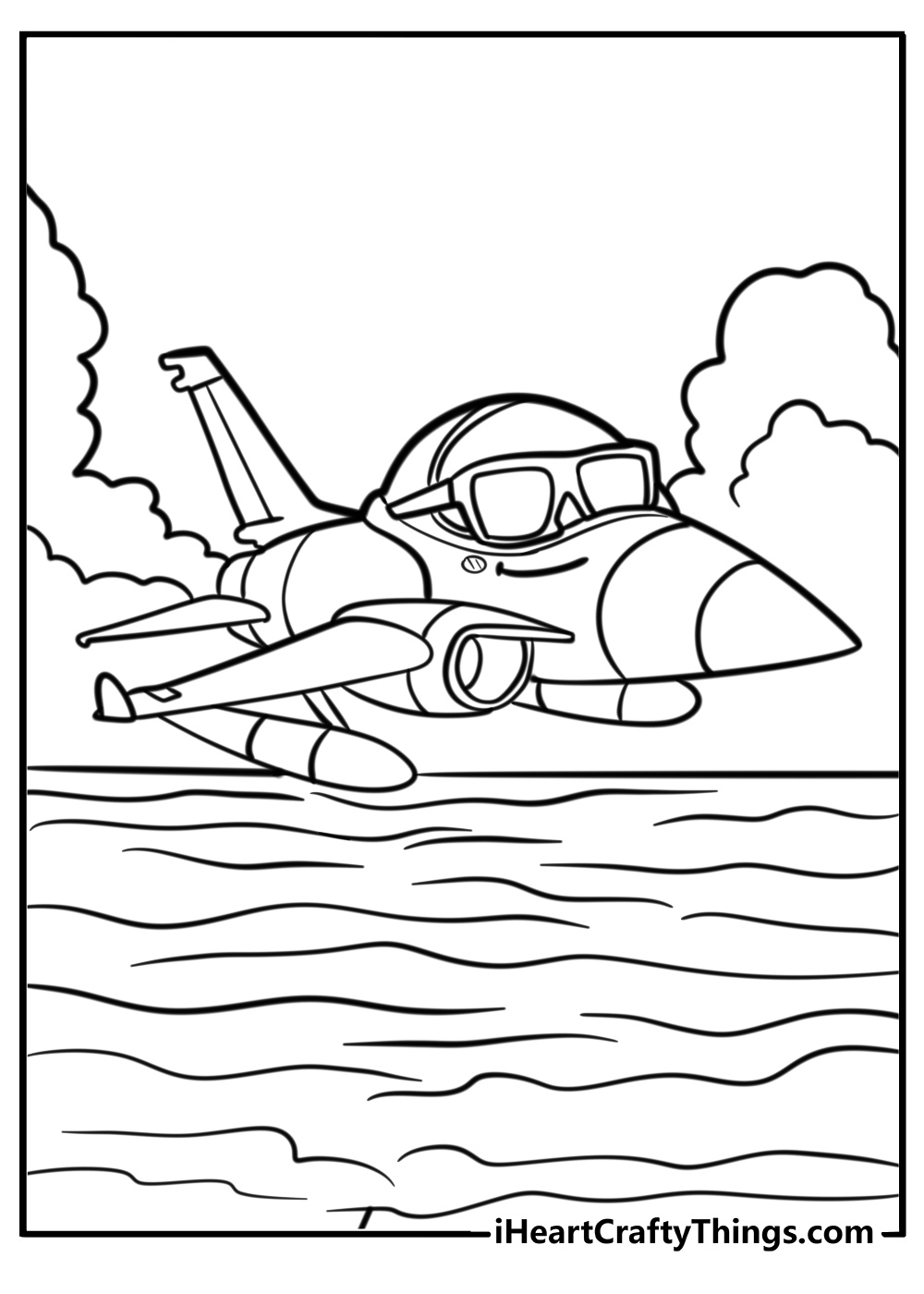 Cartoon jet with sunglasses fun coloring sheet