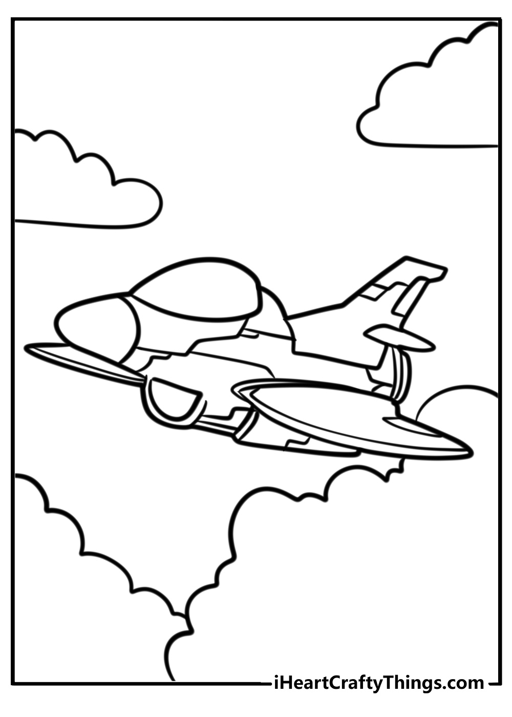 Cartoon jet zooming through the sky fun coloring sheet