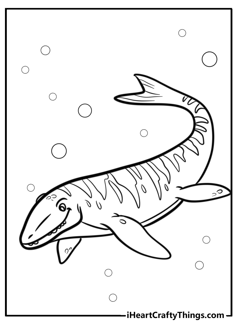 Cartoon mosasaurus smiling fun coloring sheet