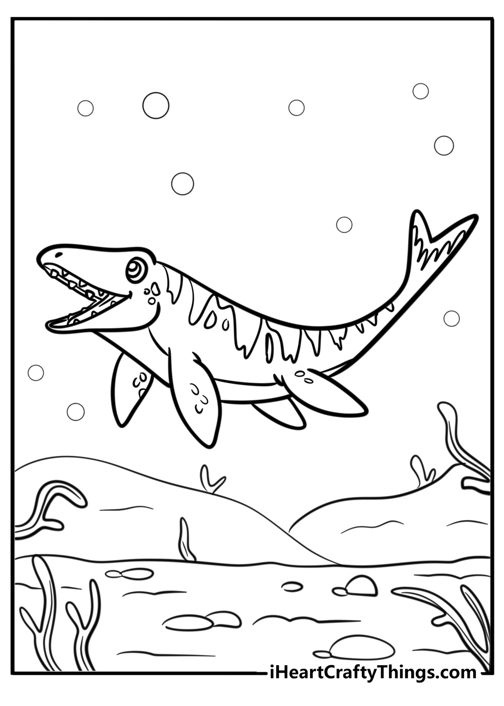 Cartoon mosasaurus with big eyes fun printable coloring sheet