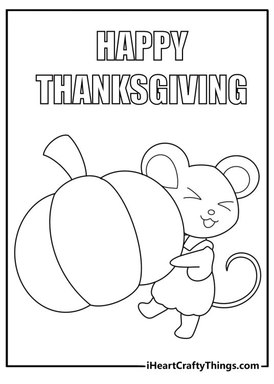 cartoon mouse carrying pumpkin thanksgiving coloring sheet