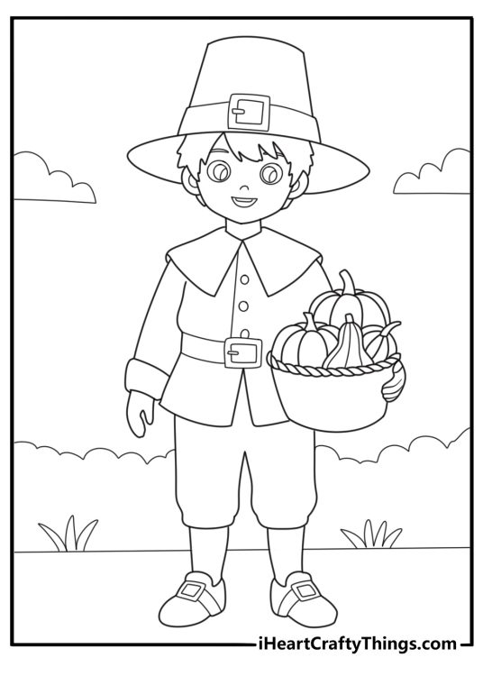 cartoon pilgrim boy holding harvest basket thanksgiving coloring page