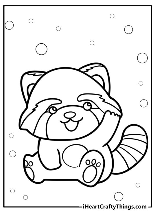 Coloring picture of a cartoony red panda smiling and waving to us surrounded by bubbles