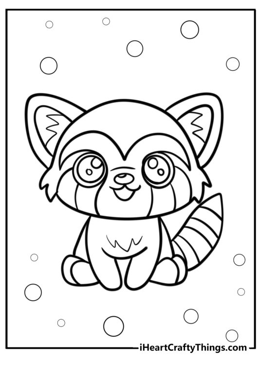 Printable page to color featuring sitting red panda with bubbles in the background